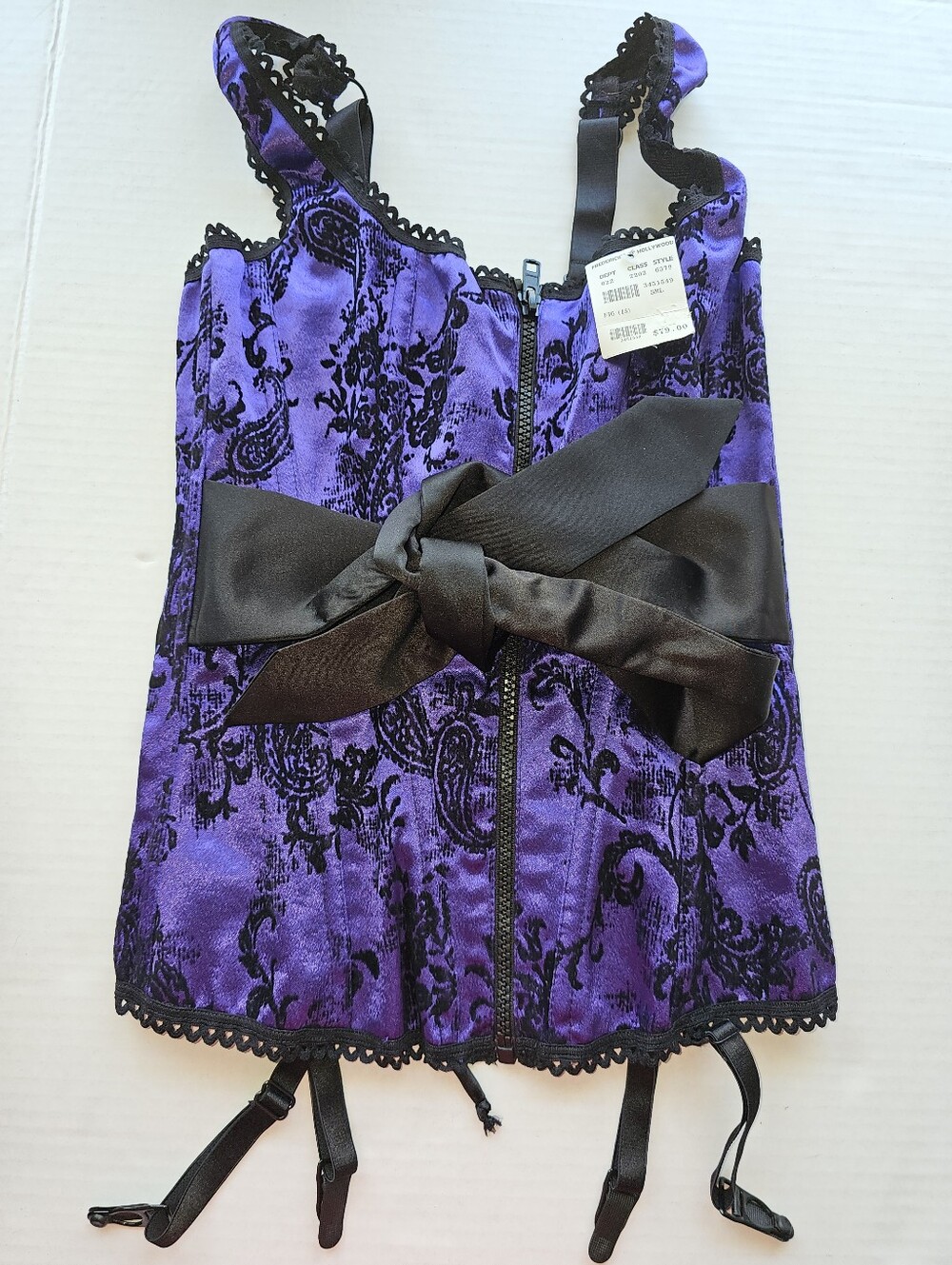 Fredricks of Hollywood Corset Set Purple And Black Sz Small Zip And Tie